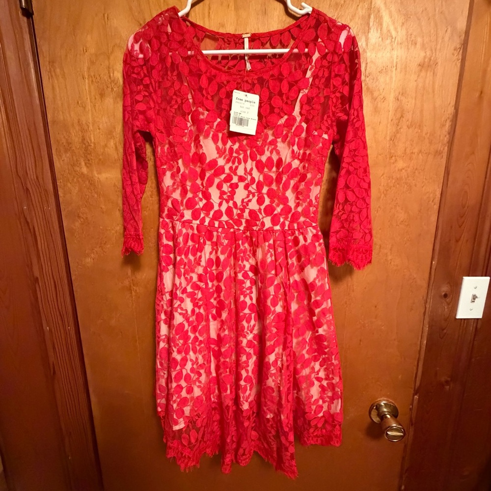 Free People Hot Red Floral‎ Lace Dress NWT